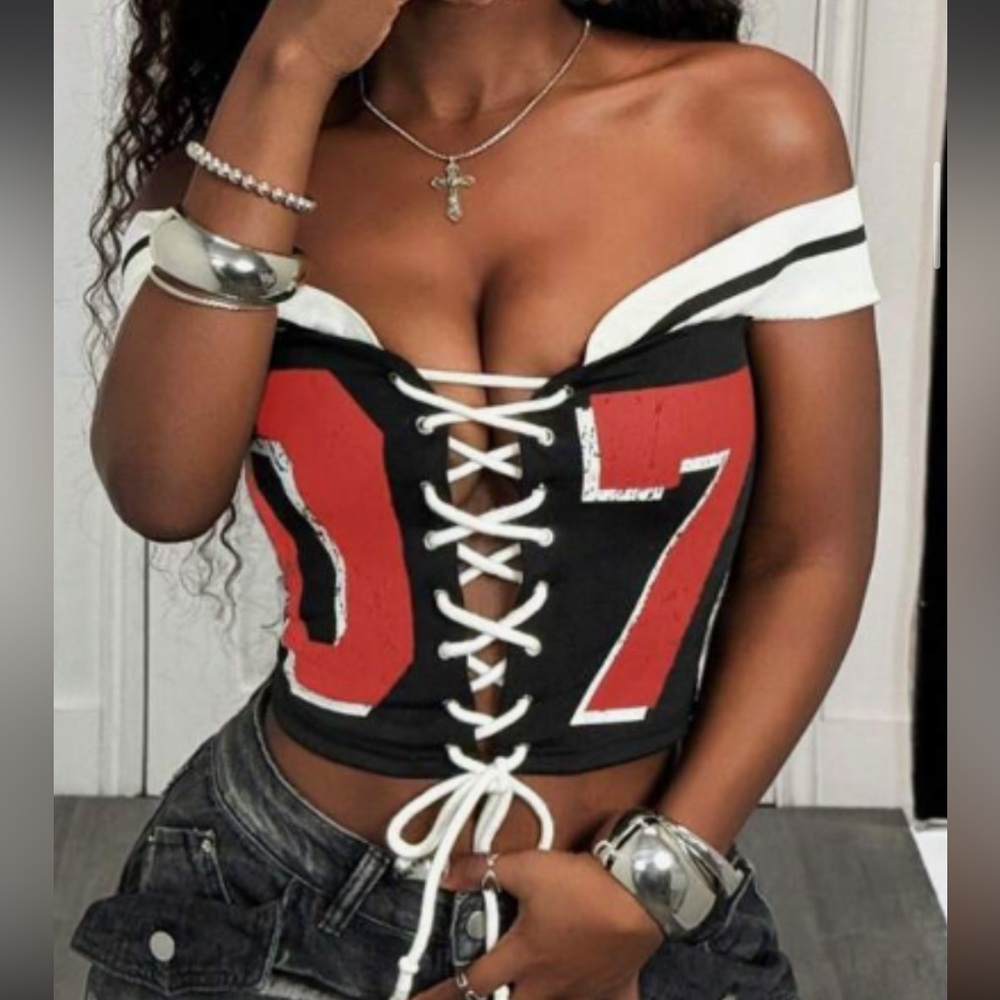 Stylish Black and Red Lace-Up Off-Shoulder Top